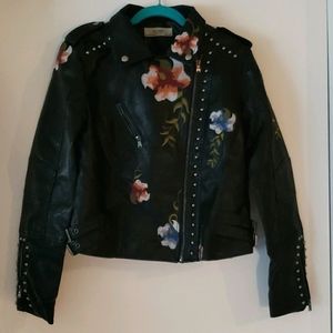 Embroidered Faux Leather Jacket